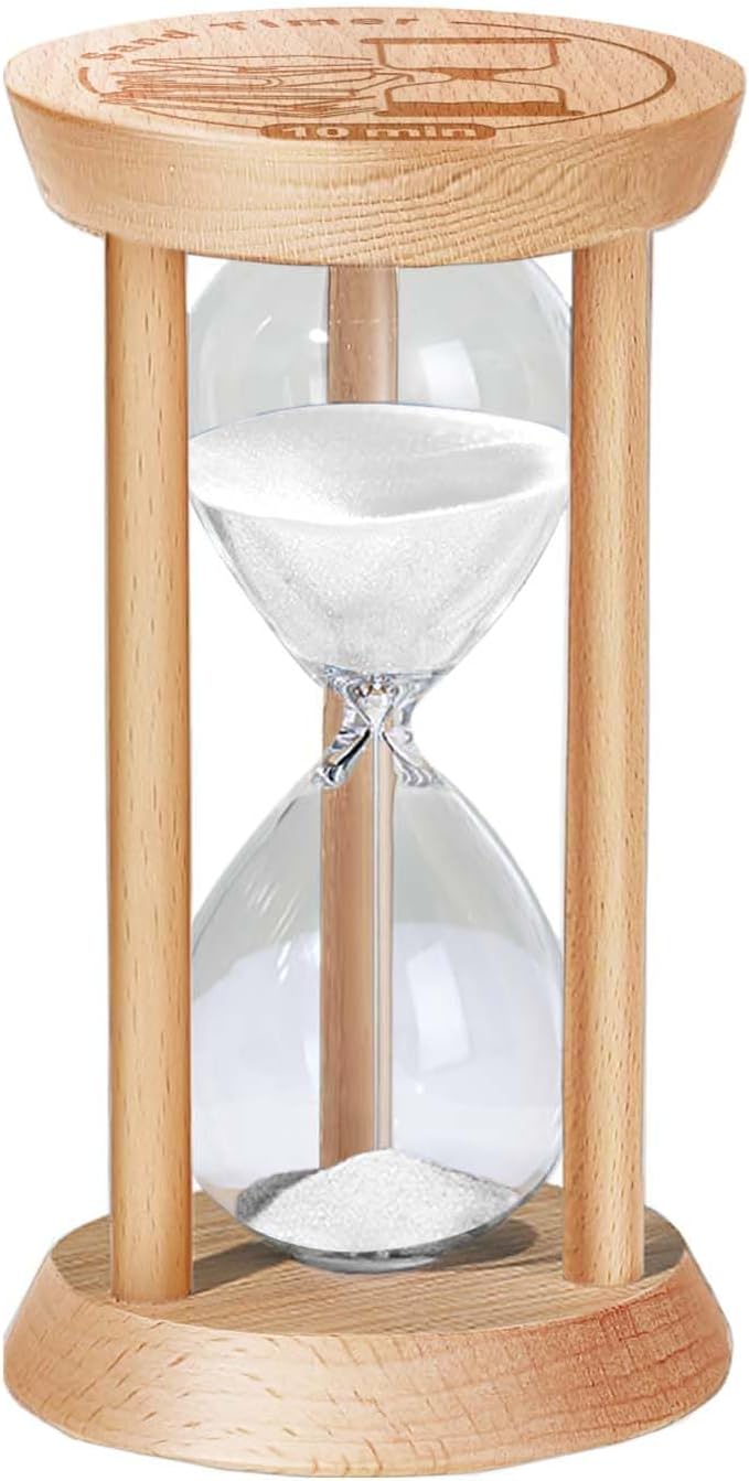 10 Minute Sand Timer Hourglass, 10 Min Wooden Sand Clock, Ten Minute Wood Hour Glass, Mini Reloj De Arena, Small Sandglass for Toothbrush Timer, Cooking, Decorative, Work, Game, Gift, White