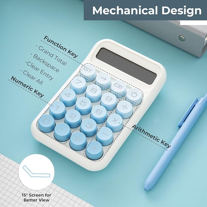 Y YOMA 1 Pack Mechanical Switch Calculator with 10 Digit Large LCD Display Big Button, Mini Cute Desktop Calculator 4 Function Basic Calculators for School Home Office Business, Lake Blue