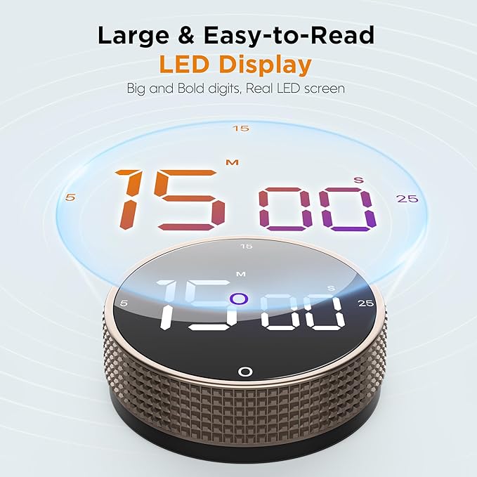 Upgrade Digital Kitchen Timer - Magnetic Countdown Countup Visual Pomodoro Timer with Large LED Display, 3-Preset Times (5, 15, 25), 3 Volume Levels, Ideal for Cooking, Baking and Fitness (1, Tarnish)